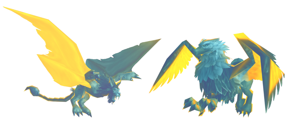 A winder rider and a gryphon mount, hovering on a plain white background. The mounts face each other and are both coloured with an odd aura, being mostly a teal blue with bright golden yellow highlights.